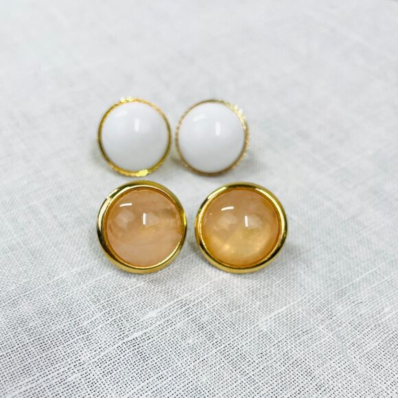 Vintage 80s Earrings White Pink Gold 80s VTG Original Clip On Earrings Vintage - Picture 2 of 7